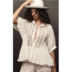 Anthropologie Lace Placket Baby Doll Top Shirt‎ Blouse Ivory Size XXS